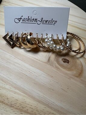 Mixed Gold-Tone Hoop and Pearl Earring Set